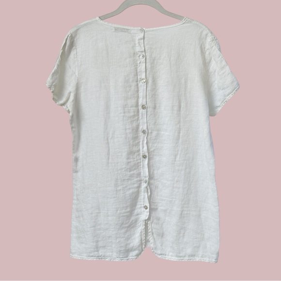 Italian White Linen Short Sleeve Tunic Blouse M Button Back Coastal Cottagecore - Picture 2 of 10